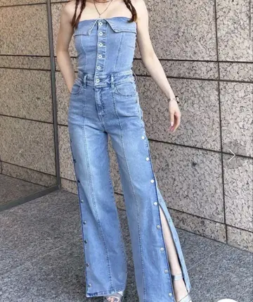스파이럴걸 사이드 슬릿 스냅 데님 올인원