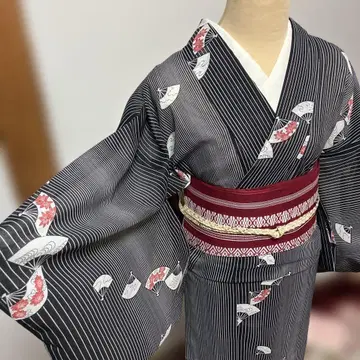 전통 손바느질 여름 기모노 명주 폴리에스테르 블랙 부채 패턴 홑옷 단품