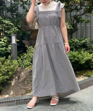 majesticlegon 숄더 리본 깅엄 체크 롱 원피스