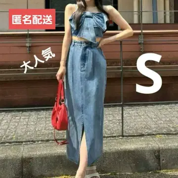 GRL 데님 리본 뷔스티에 x 데님 스커트 셋업 S 사이즈