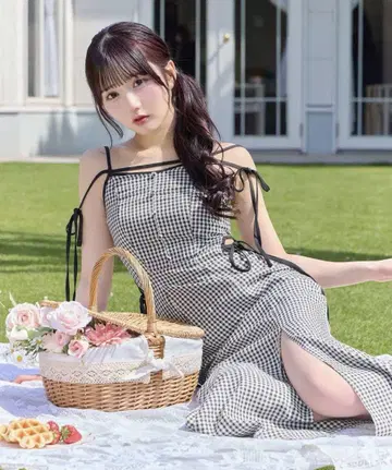 michellMacaron 사이드컷 깅엄 체크 원피스