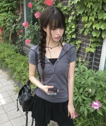 anyonemore 후드 버튼 보더 반팔 티셔츠