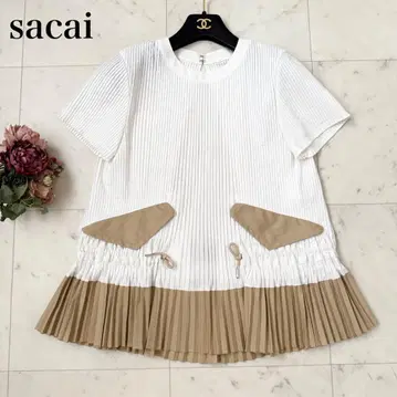 컨디션 최상 sacai 블라우스 플리츠 바이컬러 반팔 화이트 베이지