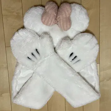 디즈니 화이트 미니 핑크 리본 팬 캡 머플러 장갑