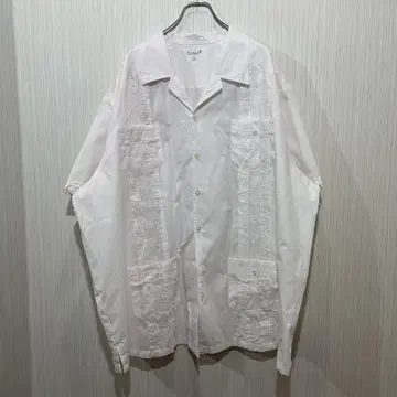 자수 화이트 반팔 셔츠 쿠바 셔츠 구제 아메카지 스트릿 3XL