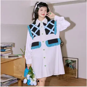셔츠 블라우스 원피스 빅 칼라 화이트 블루 S