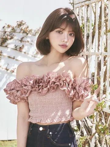 Darich 깅엄 체크 오프숄더 상의 Red