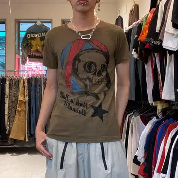 00s 그런지 y2k 갸루 남자 카키 라메 별 해골 프린트 티셔츠