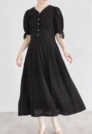 tocco closet 소매 리본 장식 펄 버튼 코튼 레이스 원피스