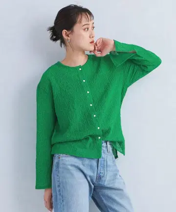 시어 뽀글이 크루넥 가디건 그린