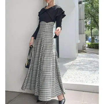 dazzlin 빅 칼라 체크 코르셋 도킹 원피스 A라인