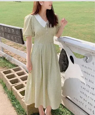 SONA 깅엄 체크 옷깃 원피스 프렌치 레트로