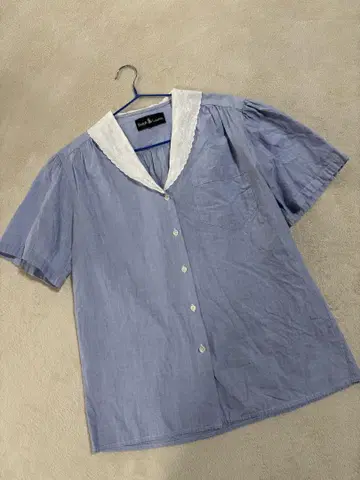 Ralph Lauren 여성용 블라우스 블루 반팔 레이스 옷깃
