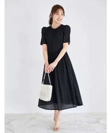 토코 클로젯 컷워크 레이스 코튼 반팔 블랙 원피스