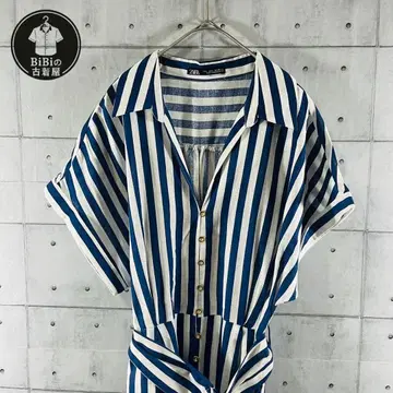 ZARA 스트라이프 셔츠 원피스 L A라인 린넨 블렌드 벨트
