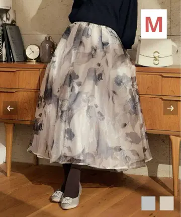 [ lieulien ] 꽃무늬 쉬폰 오간자 플레어 스커트 M