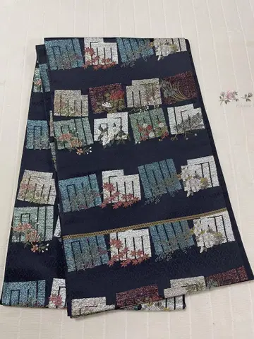 새상품급 네이비 꽃무늬 츠무기 후쿠로 오비 폭 31cm 길이 4.40cm