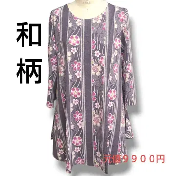 미사용 새상품 일본풍 패턴 꽃무늬 스트라이프 퍼플 그레이 튜닉 A라인