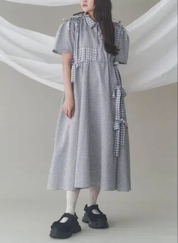 merry jenny 깅엄 체크 리본 드로스트 원피스