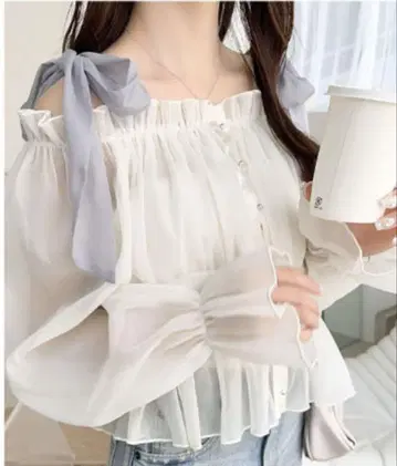 블라우스 화이트 리본 오프숄더