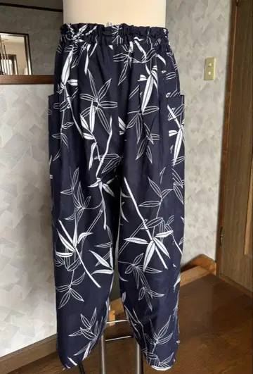 네이비 나염 유카타 옷감 사용 대나무 앞 턱 팬츠 파자마 바지 허리밴딩