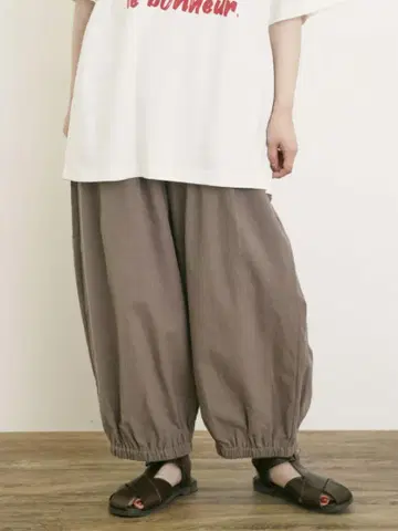 면 린넨 평직 허리 절개 개더 벌룬 팬츠