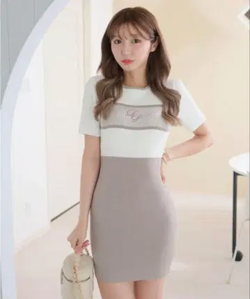 LIPSERVISE LP 바이컬러 립 니트 원피스 베이지