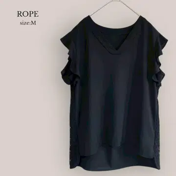 [ 로페 ] ROPE 반팔 블라우스 V넥 꽃무늬 레이스 블랙 소매 플레어