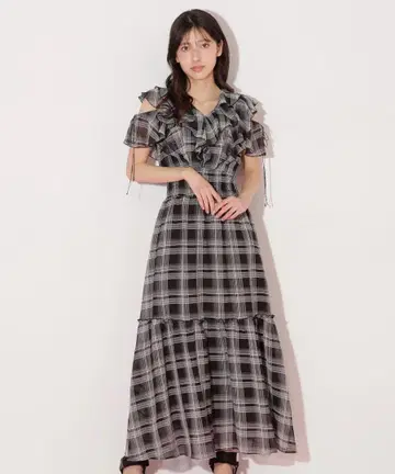 시어 체크 볼륨 프릴 원피스