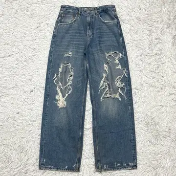 ZARA 자라 배기 팬츠 크러쉬 데님 데미지 가공 블루 W30