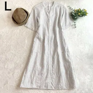 유니클로 V넥 앞 버튼 반팔 롱 원피스 흰색 바탕에 회색 스트라이프 L