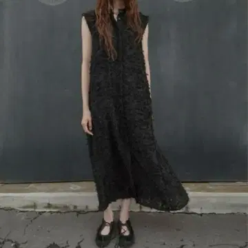 ZARA 프린지 볼륨 미디 원피스 L 블랙