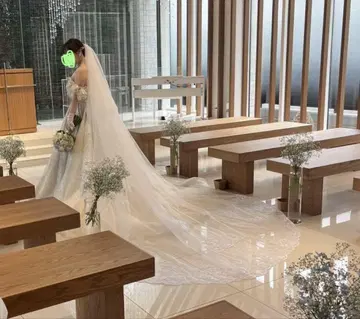 웨딩 베일 화이트 자수 롱 트레인