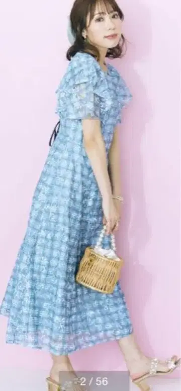 블루 체크 무늬 플레어 원피스 10L