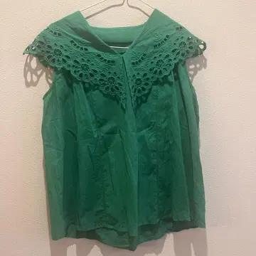 SLOBE IENA 자수 레이스 칼라 블라우스 그린 슬리브리스 블라우스