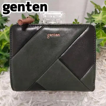 genten 접이식 지갑 가죽 블랙 그린 겐텐 지갑 블랙 그린 가죽