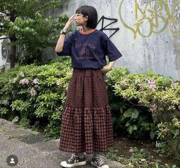 wudge boy 브라운 계열 체크 롱 스커트 와지보이