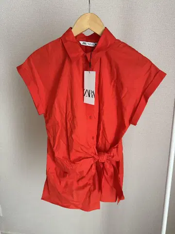 ZARA M 사이즈 반팔 레드 셔츠 허리 리본 포함