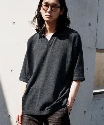 PIN BORDER KNIT POLO 차콜 S