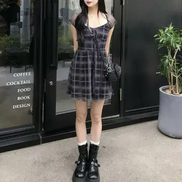 시어 슬리브 체크 미니 원피스