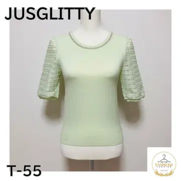 미사용급 JUSGLITTY 반팔 니트 라이트 그린 여성용 U넥
