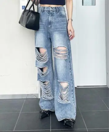 nelliy. 오리지널 패치 데미지 와이드 데님 블루 M 사이즈