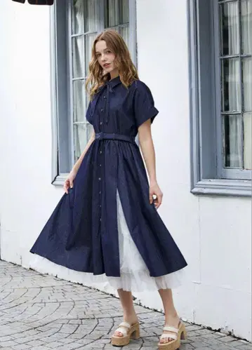 riu R 님 Tulle docking denim dress 블루