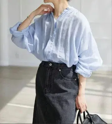슬로브 이에나 라미 개더 셔츠 밴드 카라 린넨 블루 인기 컬러