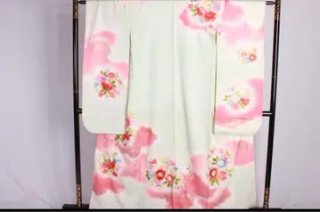 기모노 후리소데 겹옷 순수 실크 화이트 그린색 158cm~148cm