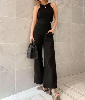 GYDA 백 ZIP 골지 롬퍼 black