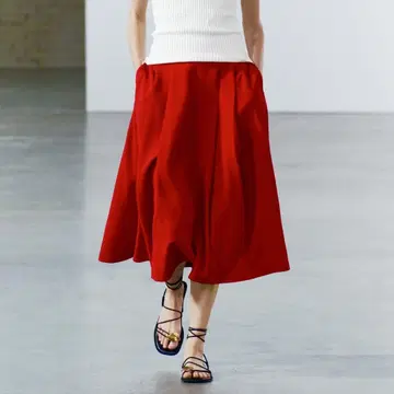 ZARA 자라 이지 턱 롱 플레어 스커트 폰치 소재 빨간색 미디 기장 S