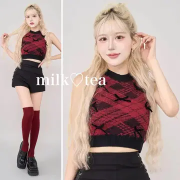 택 포함 새상품 다리치 리본 샤기 체크 니트 탑 레드