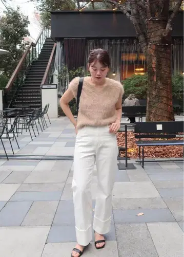 HARUKA Design 샤기 V넥 베스트 베이지
