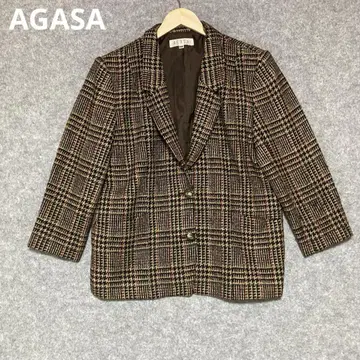 AGASA 브라운 계열 체크 무늬 테일러드 자켓 울 실크